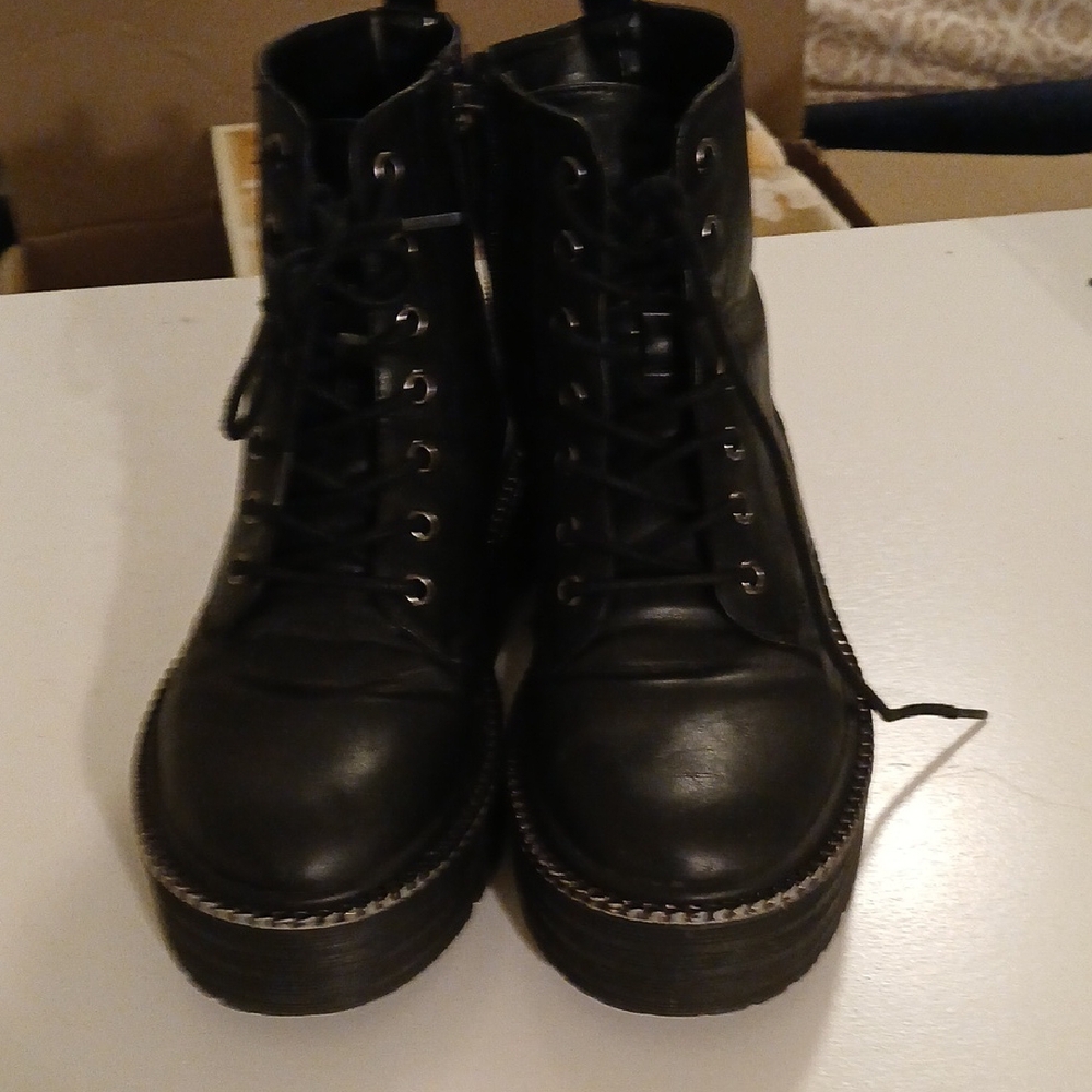 Black Lace-Up Combat Moto Boots